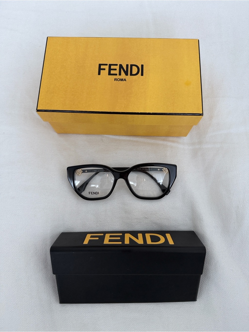 Fendi Black Cat-Eye Optical Glasses with Yellow Branded Case